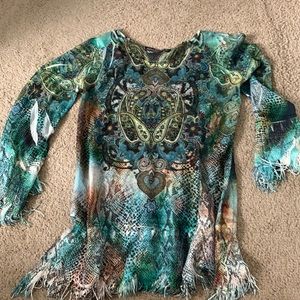 Cute Top with lots of shades of blue and green different prints